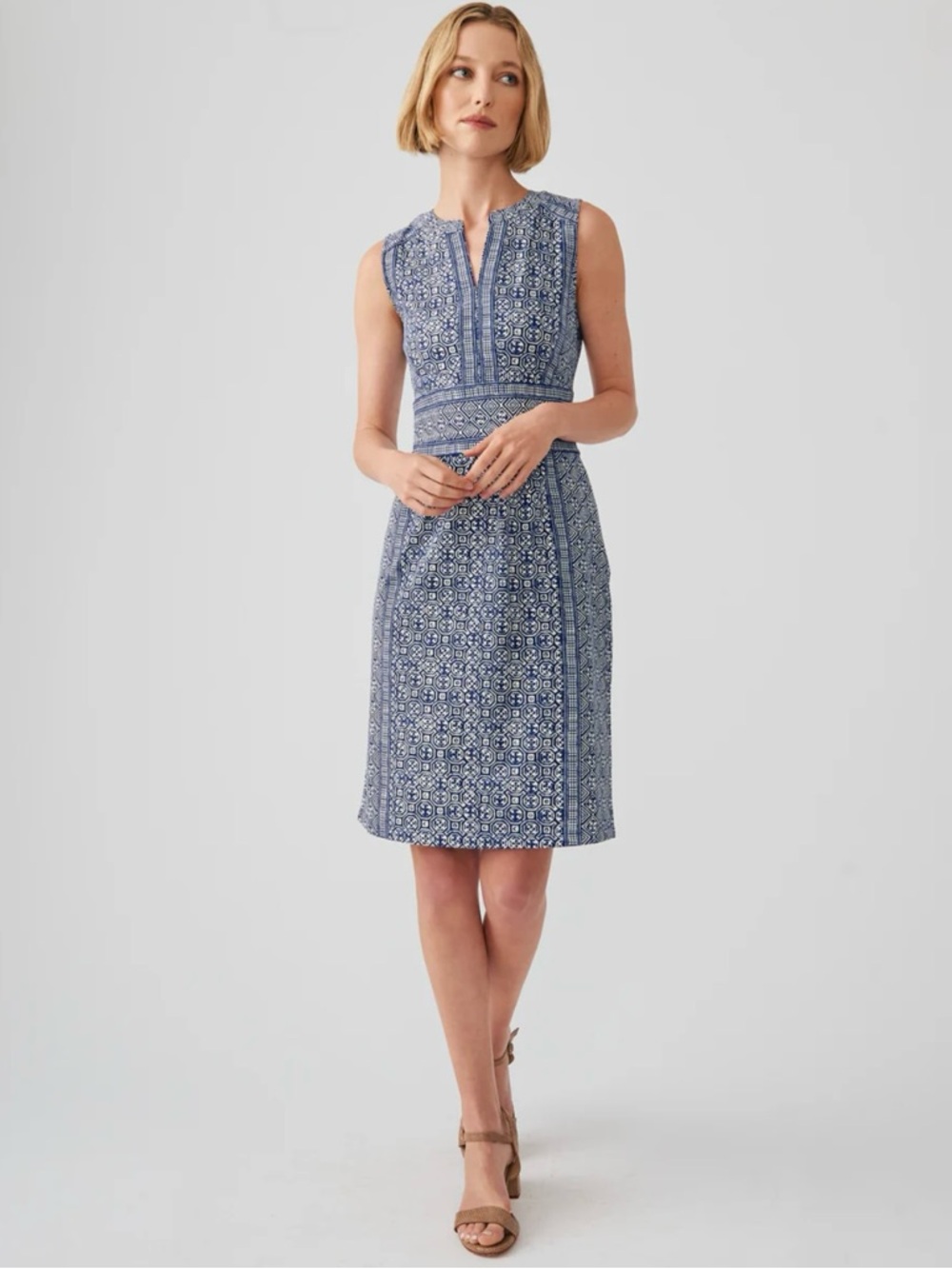 J. McLaughlin Lola Dress Blue Tile Print Sleeveless Shift Dress Large - Picture 2 of 15